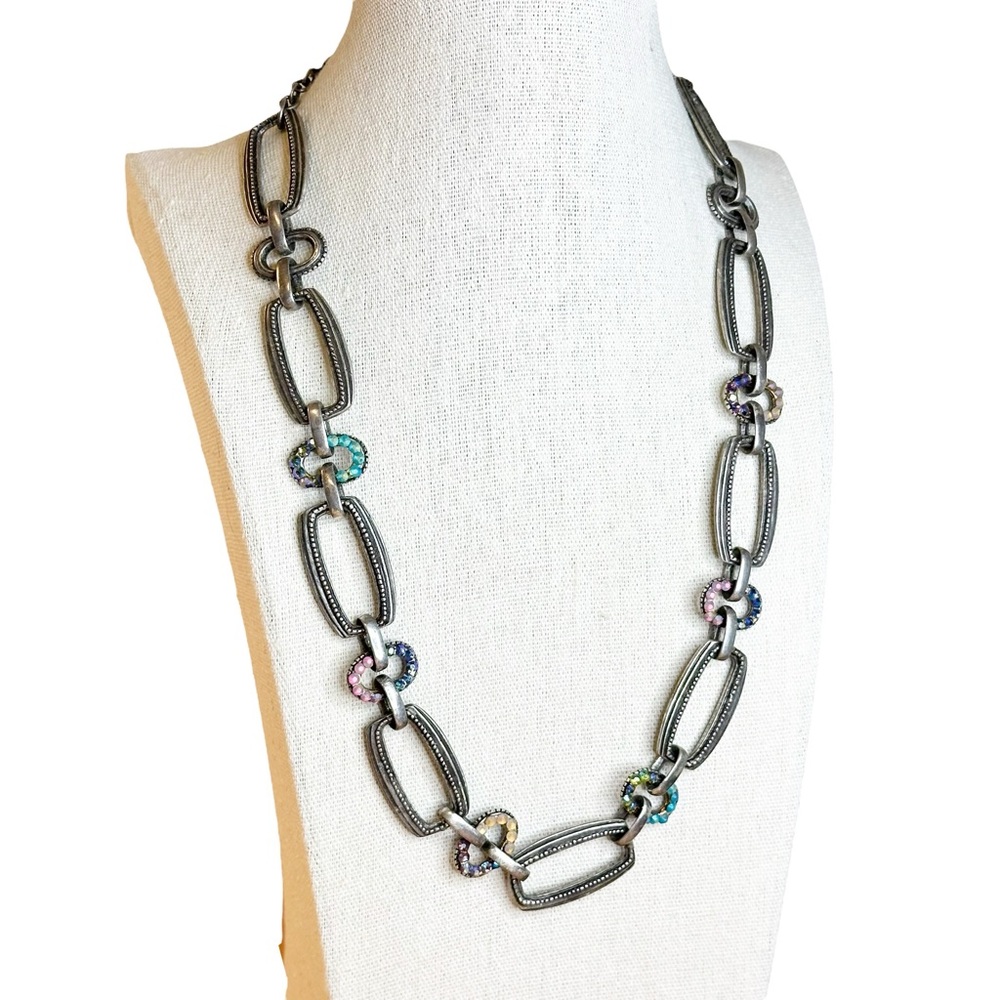 Chico's AB Rhinestone Pewter Rectangle Chain Link Statement Necklace - Picture 3 of 7